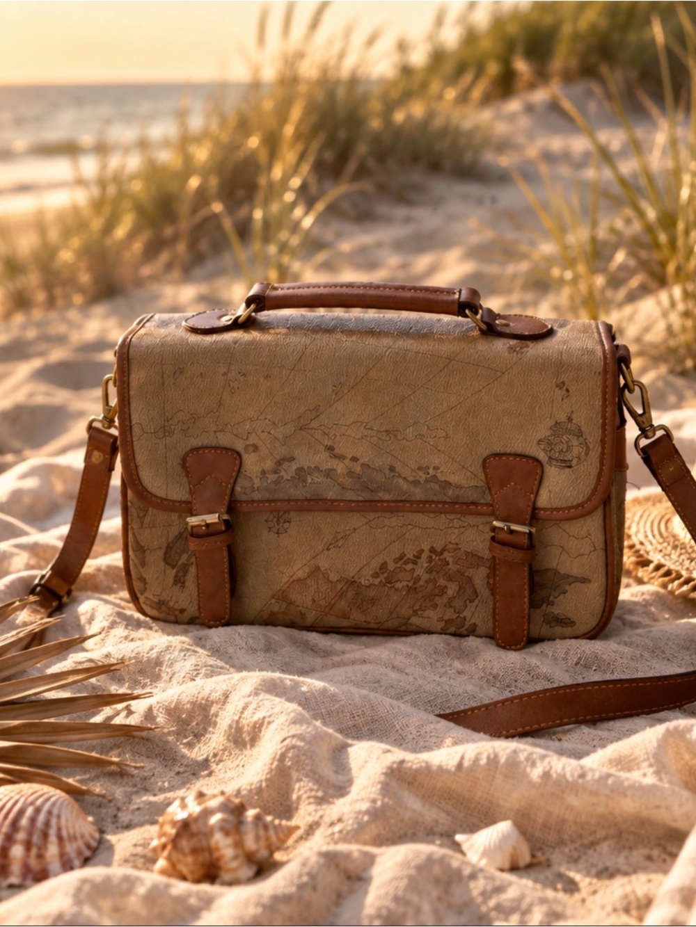 Leather-Trim Brown Canvas Messenger Bag - Travel Map Print